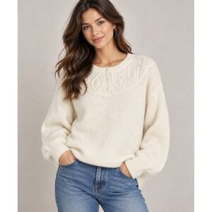 De Rotchild Silk Angora Blend Cream Diamond Cable Knit Yoke Sweater Large